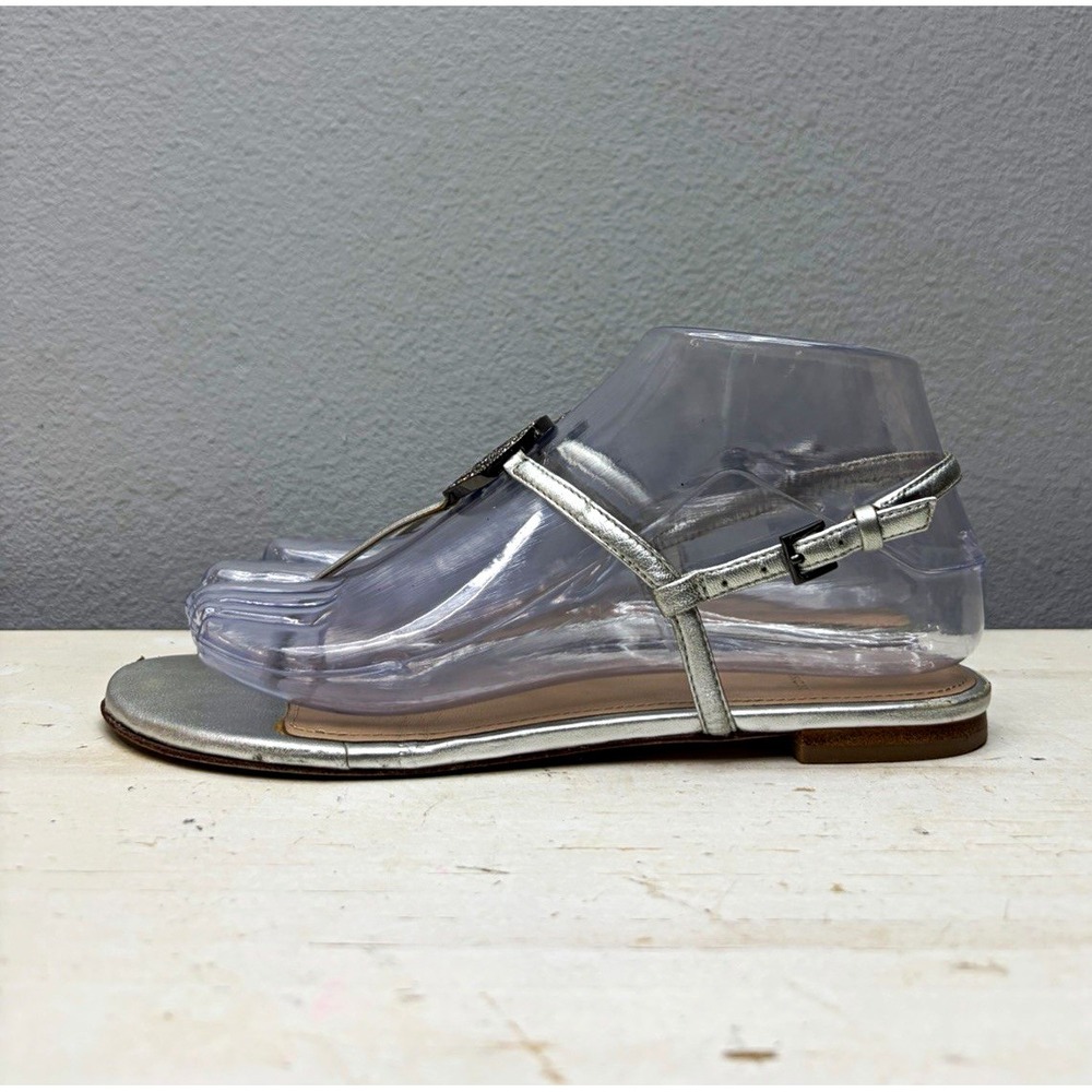 Tory Burch Silver Patent Leather Logo Ankle Strap Thong Sandals Size 6M